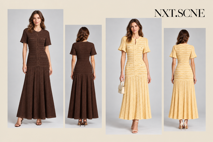 NXT.SCNE campagnecollage met de Bruine en Gele Maxi Jurk