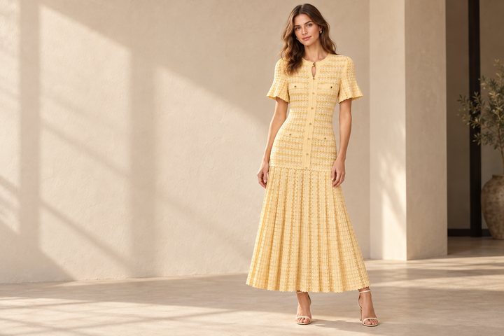 KI-Kampagnenbild von Gelbes Maxikleid für NXT.SCNE